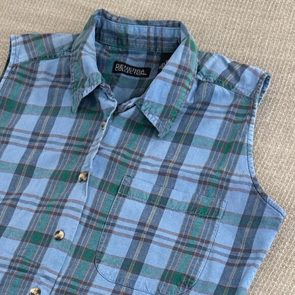 Vintage 90s Outdoorsy button up sleeveless cotton plaid shirt Western Cowgirl M - Picture 6 of 6
